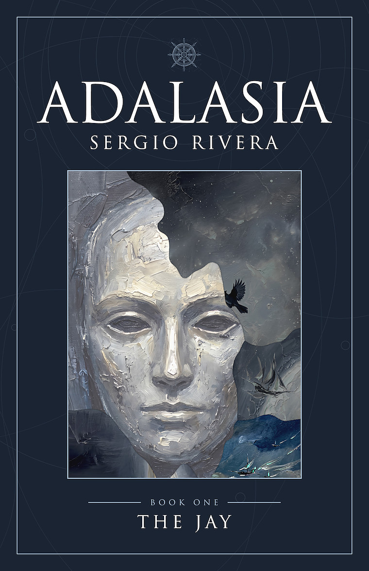 Cover of THE JAY by Sergio Rivera: a pale cracked mask dissolving into a night sky, a jay in flight, a skyship in the distance.